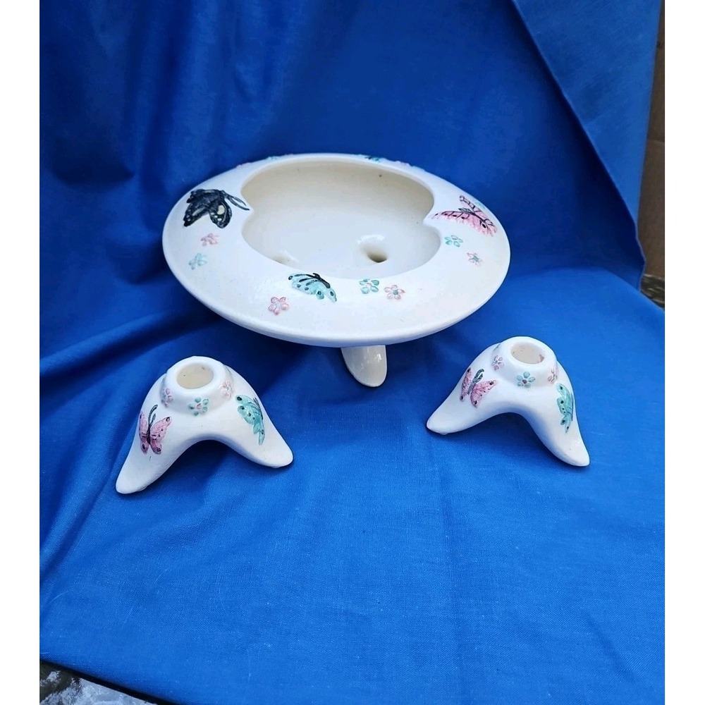 VTG Hull Pottery BUTTERFLY Console Bowl Candle Holder Set MCM Atomic Centerpiece